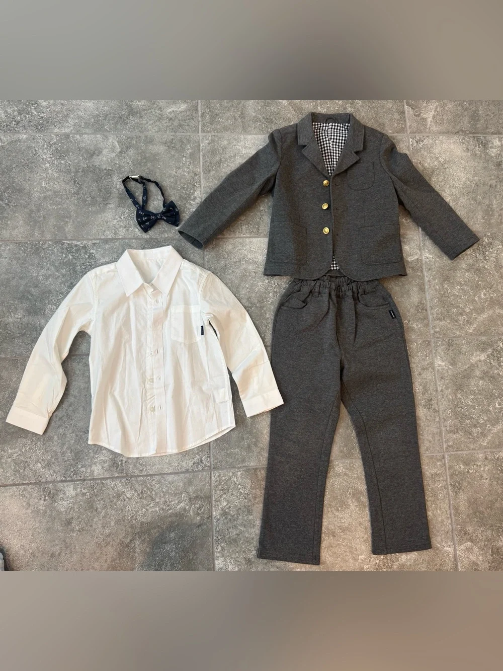 Kid suit set gray white collar shirt with bow tie